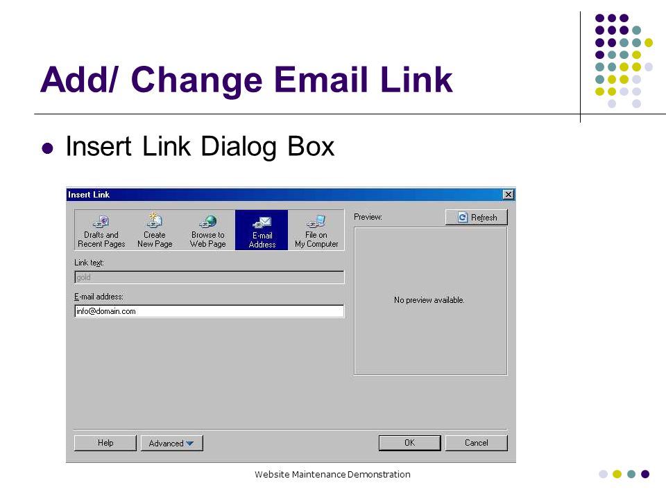 Website Maintenance Demonstration Add/ Change  Link Insert Link Dialog Box