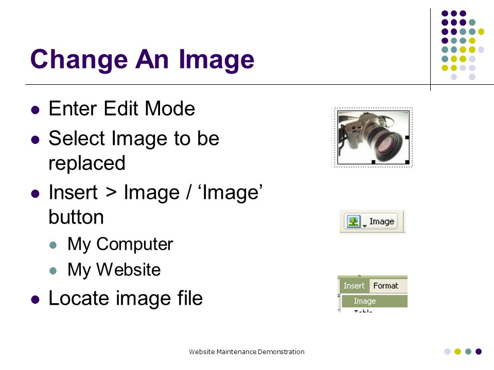 Website Maintenance Demonstration Change An Image Enter Edit Mode Select Image to be replaced Insert > Image / ‘Image’ button My Computer My Website Locate image file