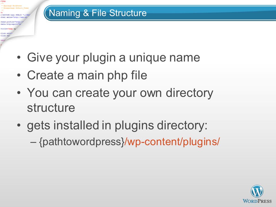 Naming & File Structure Give your plugin a unique name Create a main php file You can create your own directory structure gets installed in plugins directory: –{pathtowordpress}/wp-content/plugins/