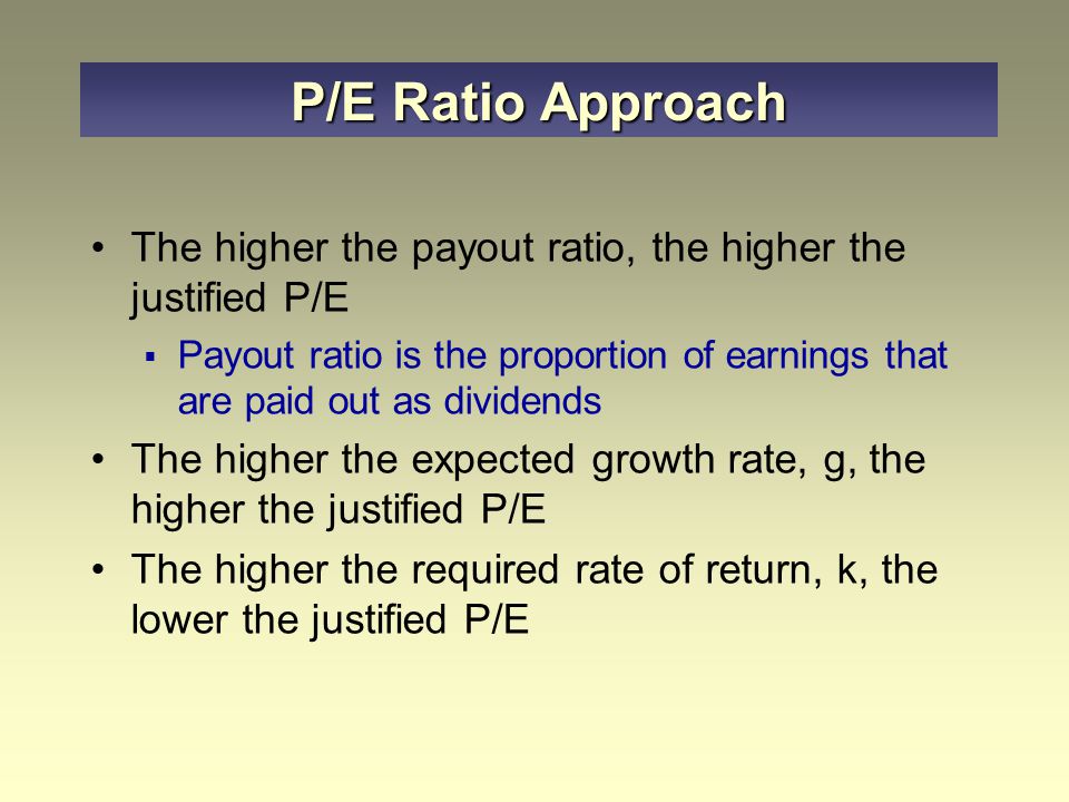 To estimate share value P/E ratio can be derived from  Indicates the factors that affect the estimated P/E ratio P/E Ratio Approach