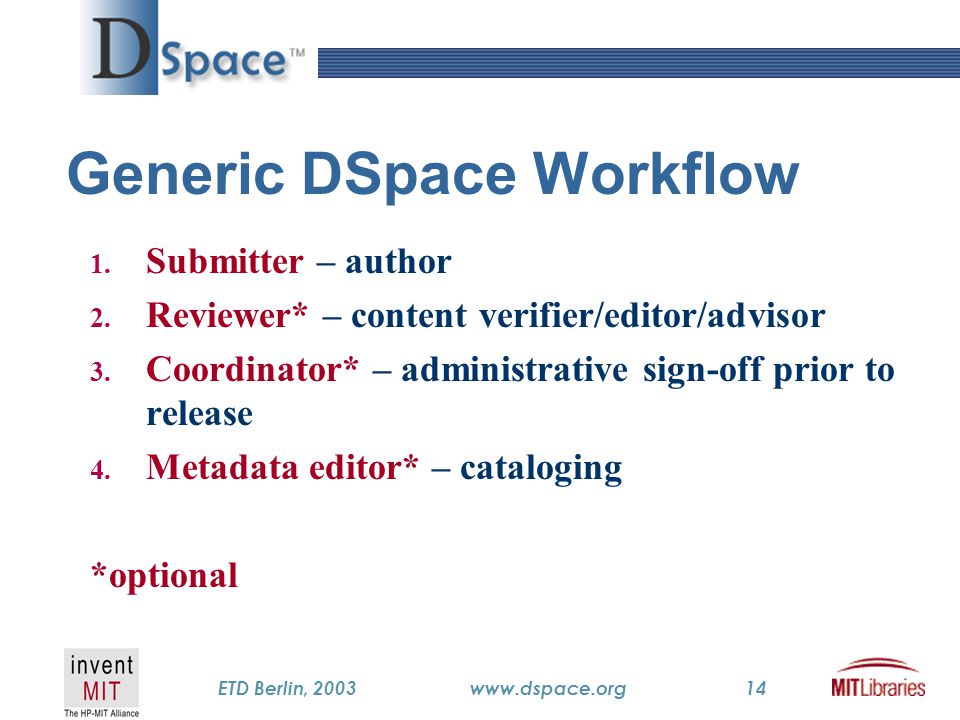 TM ETD Berlin, 2003www.dspace.org14 Generic DSpace Workflow 1.