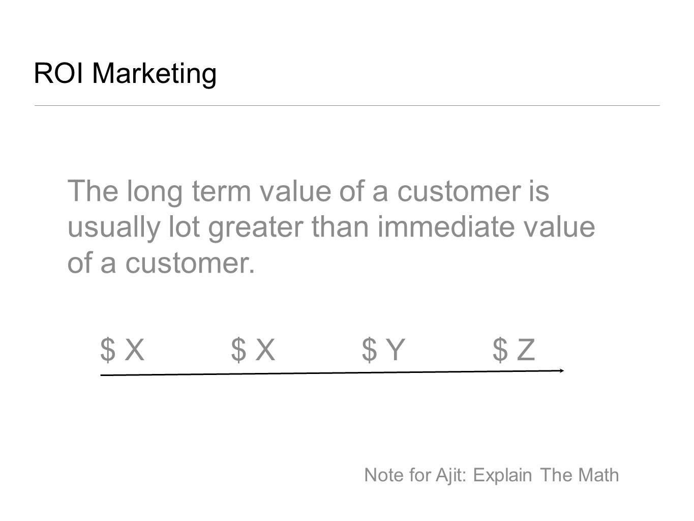 ROI Marketing The long term value of a customer is usually lot greater than immediate value of a customer.