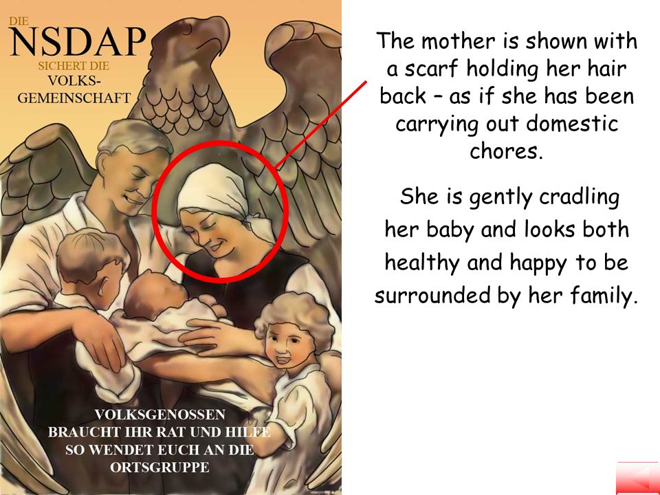 The mother is shown with a scarf holding her hair back – as if she has been carrying out domestic chores.