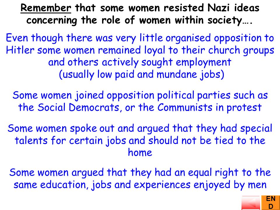 Remember that some women resisted Nazi ideas concerning the role of women within society….