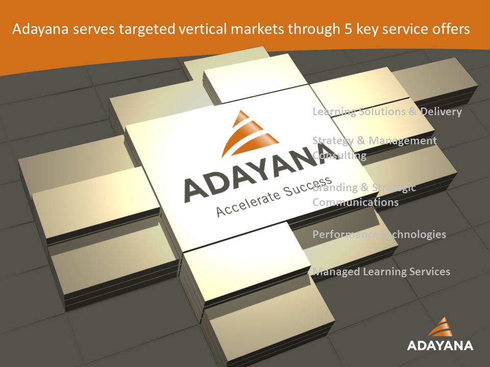 16 Learning Solutions & Delivery Strategy & Management Consulting Branding & Strategic Communications Performance Technologies Managed Learning Services Adayana serves targeted vertical markets through 5 key service offers