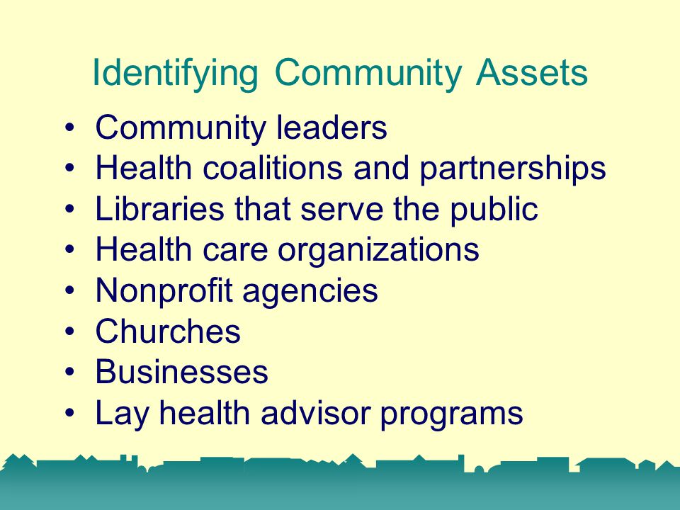 Identifying Community Assets Community leaders Health coalitions and partnerships Libraries that serve the public Health care organizations Nonprofit agencies Churches Businesses Lay health advisor programs