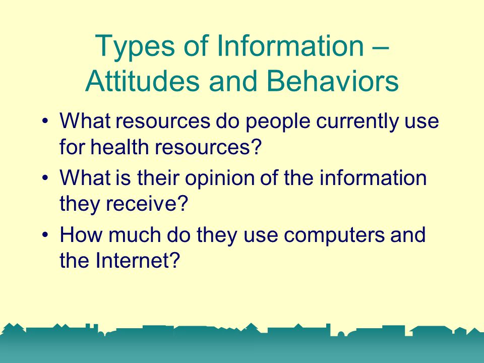 Types of Information – Attitudes and Behaviors What resources do people currently use for health resources.