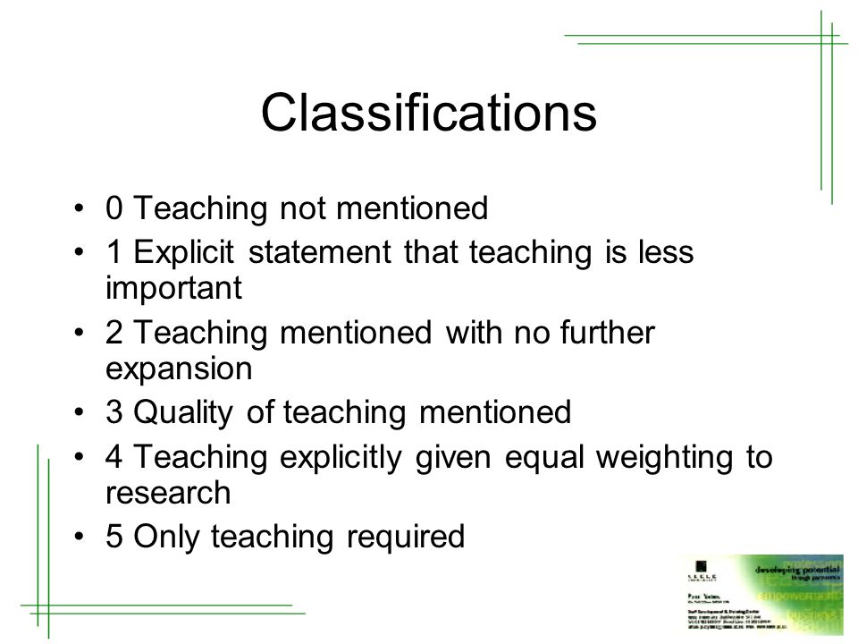 Classifications 0 Teaching not mentioned 1 Explicit statement that teaching is less important 2 Teaching mentioned with no further expansion 3 Quality of teaching mentioned 4 Teaching explicitly given equal weighting to research 5 Only teaching required