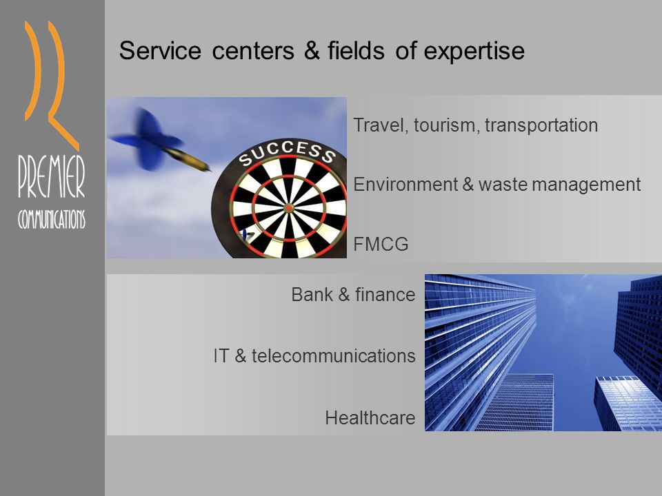 Service centers & fields of expertise Travel, tourism, transportation Environment & waste management FMCG Bank & finance IT & telecommunications Healthcare