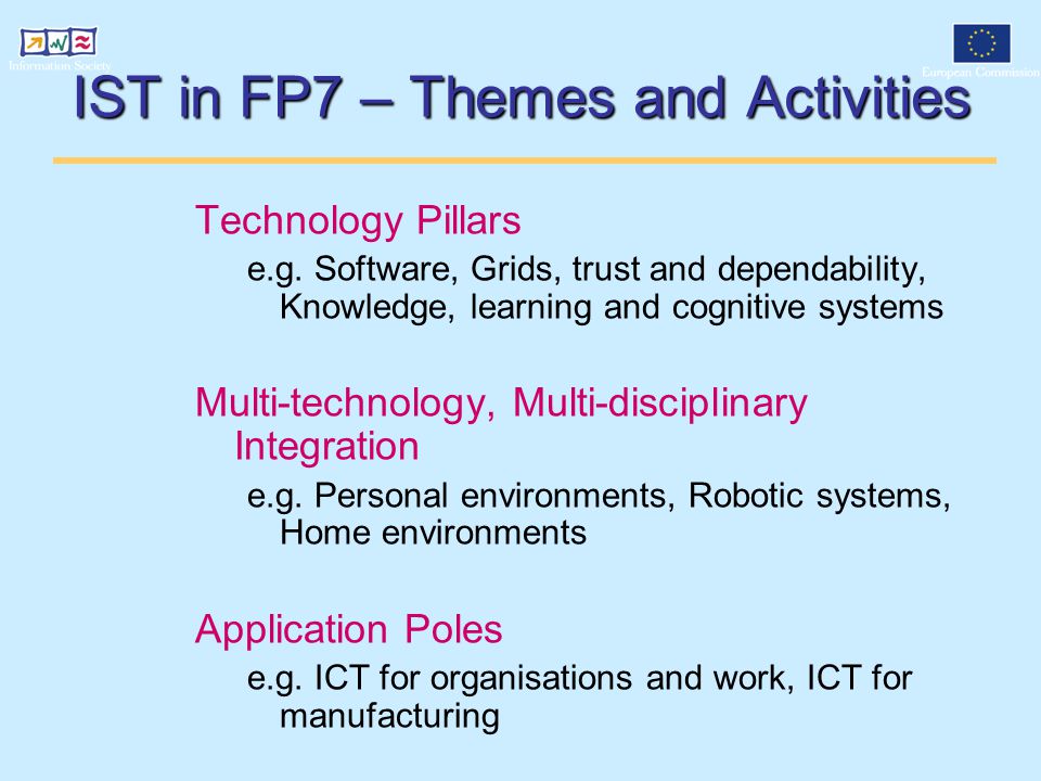 IST in FP7 – Themes and Activities Technology Pillars e.g.