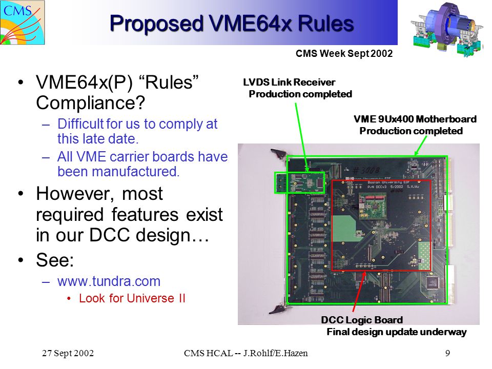 CMS Week Sept Sept 2002CMS HCAL -- J.Rohlf/E.Hazen9 Proposed VME64x Rules VME64x(P) Rules Compliance.