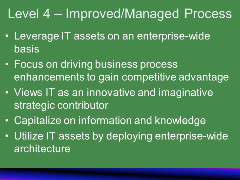 Level 4 – Improved/Managed Process Leverage IT assets on an enterprise-wide basis Focus on driving business process enhancements to gain competitive advantage Views IT as an innovative and imaginative strategic contributor Capitalize on information and knowledge Utilize IT assets by deploying enterprise-wide architecture