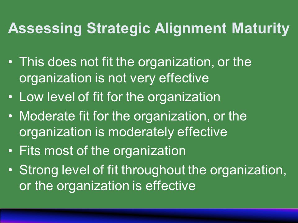 Assessing Strategic Alignment Maturity This does not fit the organization, or the organization is not very effective Low level of fit for the organization Moderate fit for the organization, or the organization is moderately effective Fits most of the organization Strong level of fit throughout the organization, or the organization is effective