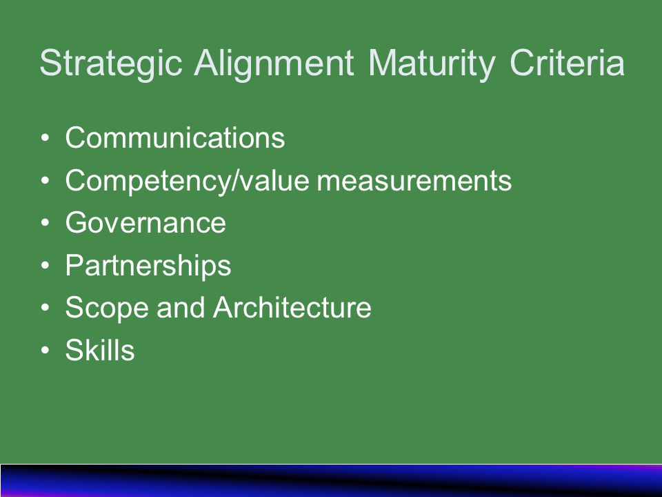 Strategic Alignment Maturity Criteria Communications Competency/value measurements Governance Partnerships Scope and Architecture Skills