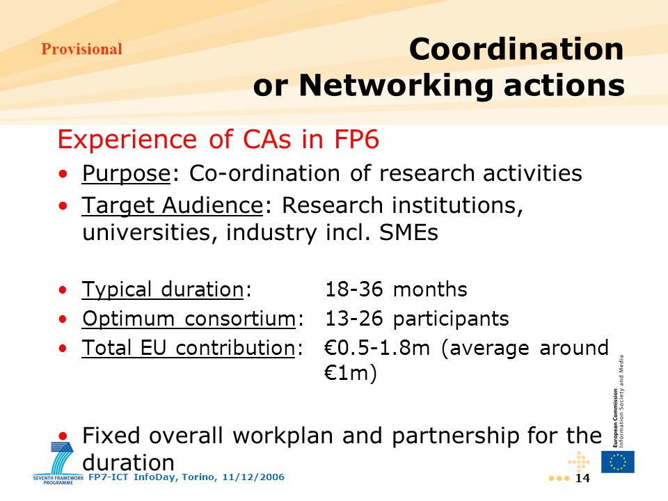 Provisional FP7-ICT InfoDay, Torino, 11/12/ Experience of CAs in FP6 Purpose: Co-ordination of research activities Target Audience: Research institutions, universities, industry incl.