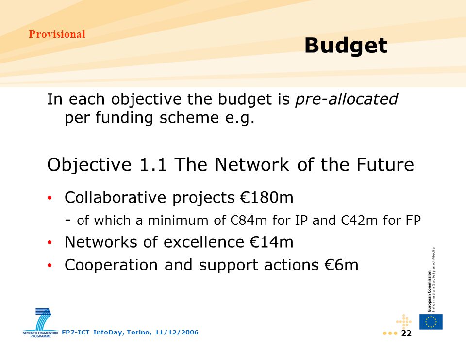 Provisional FP7-ICT InfoDay, Torino, 11/12/ Budget In each objective the budget is pre-allocated per funding scheme e.g.
