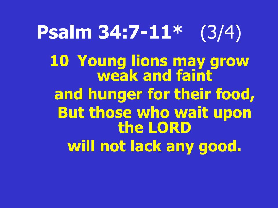 Psalm 34:7-11* (3/4) 10Young lions may grow weak and faint and hunger for their food, But those who wait upon the LORD will not lack any good.