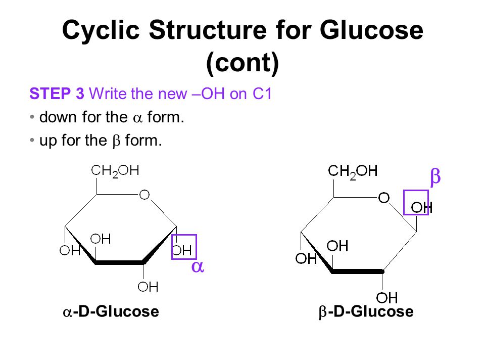 Cyclic Structure for Glucose (cont)  -D-Glucose  -D-Glucose   STEP 3 Write the new –OH on C1 down for the  form.