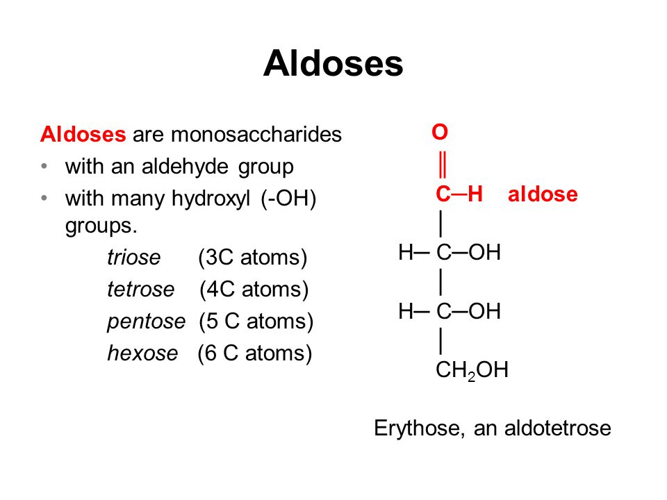 Aldoses Aldoses are monosaccharides with an aldehyde group with many hydroxyl (-OH) groups.