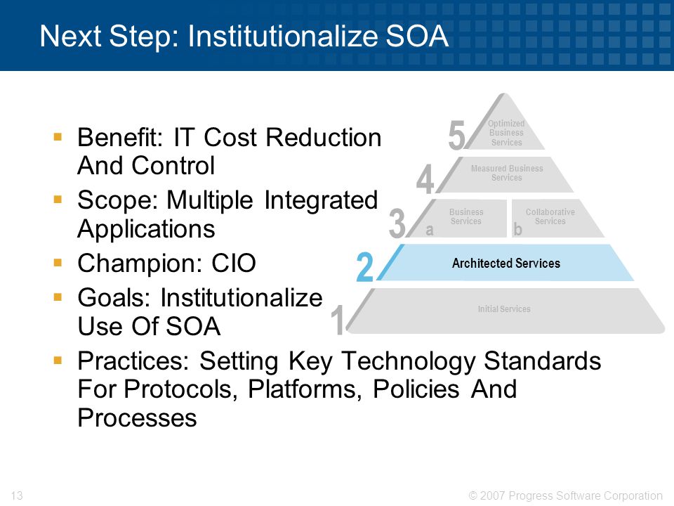 © 2007 Progress Software Corporation13 Next Step: Institutionalize SOA  Benefit: IT Cost Reduction And Control  Scope: Multiple Integrated Applications  Champion: CIO  Goals: Institutionalize Use Of SOA  Practices: Setting Key Technology Standards For Protocols, Platforms, Policies And Processes 5 Optimized Business Services 4 Measured Business Services 2 Architected Services 3 Business Services Collaborative Services a b 1 Initial Services