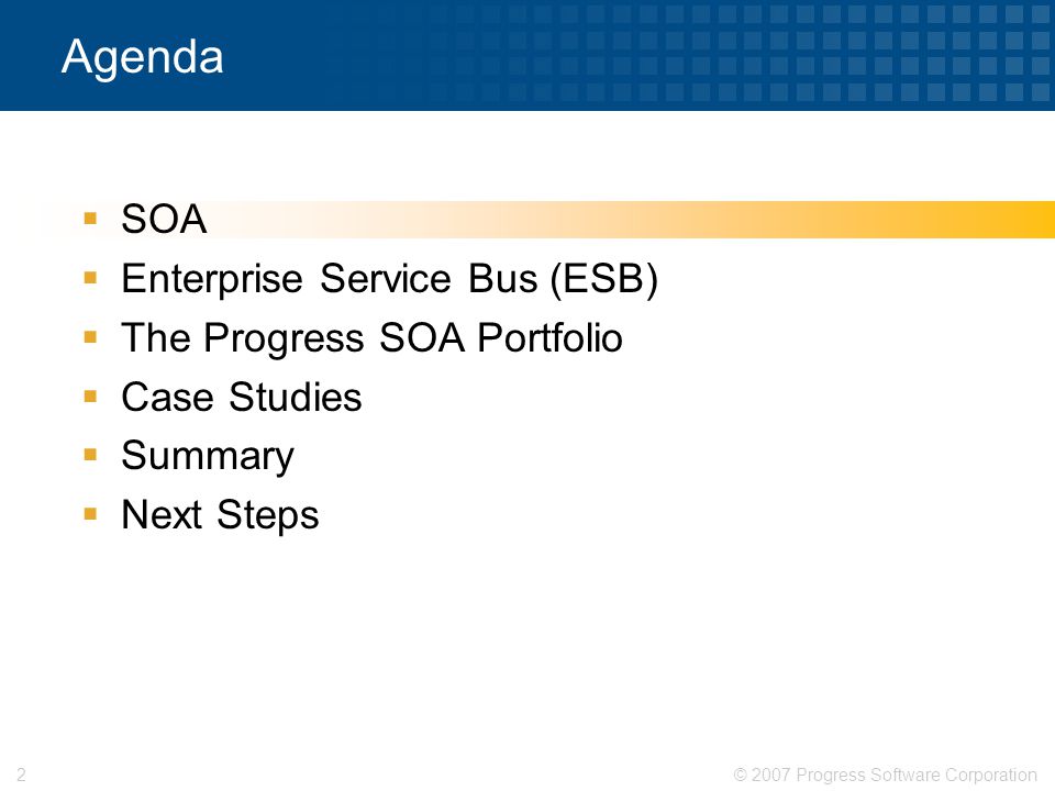 © 2007 Progress Software Corporation2 Agenda  SOA  Enterprise Service Bus (ESB)  The Progress SOA Portfolio  Case Studies  Summary  Next Steps