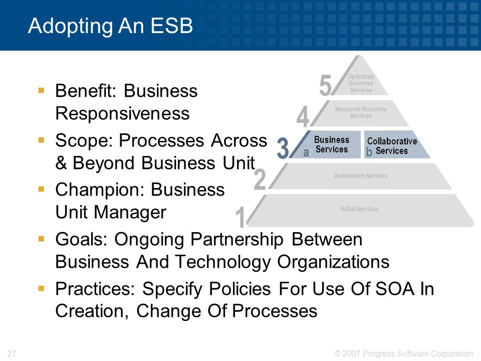 © 2007 Progress Software Corporation27 Adopting An ESB  Benefit: Business Responsiveness  Scope: Processes Across & Beyond Business Unit  Champion: Business Unit Manager  Goals: Ongoing Partnership Between Business And Technology Organizations  Practices: Specify Policies For Use Of SOA In Creation, Change Of Processes 5 Optimized Business Services 4 Measured Business Services 2 Architected Services 3 Business Services Collaborative Services a b 1 Initial Services Collaborative Services b