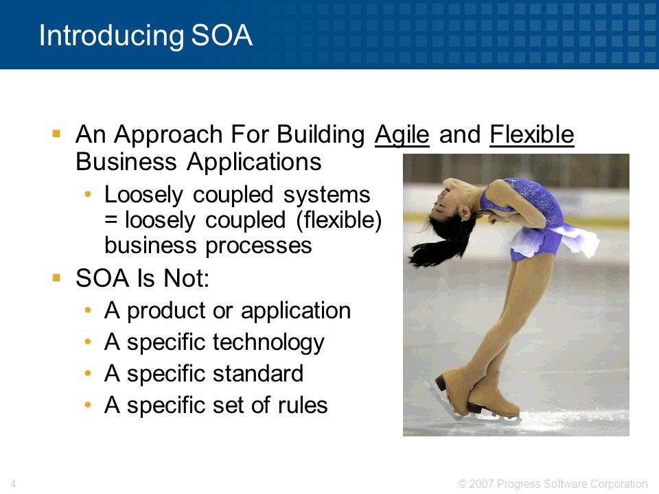 © 2007 Progress Software Corporation4 Introducing SOA  An Approach For Building Agile and Flexible Business Applications Loosely coupled systems = loosely coupled (flexible) business processes  SOA Is Not: A product or application A specific technology A specific standard A specific set of rules
