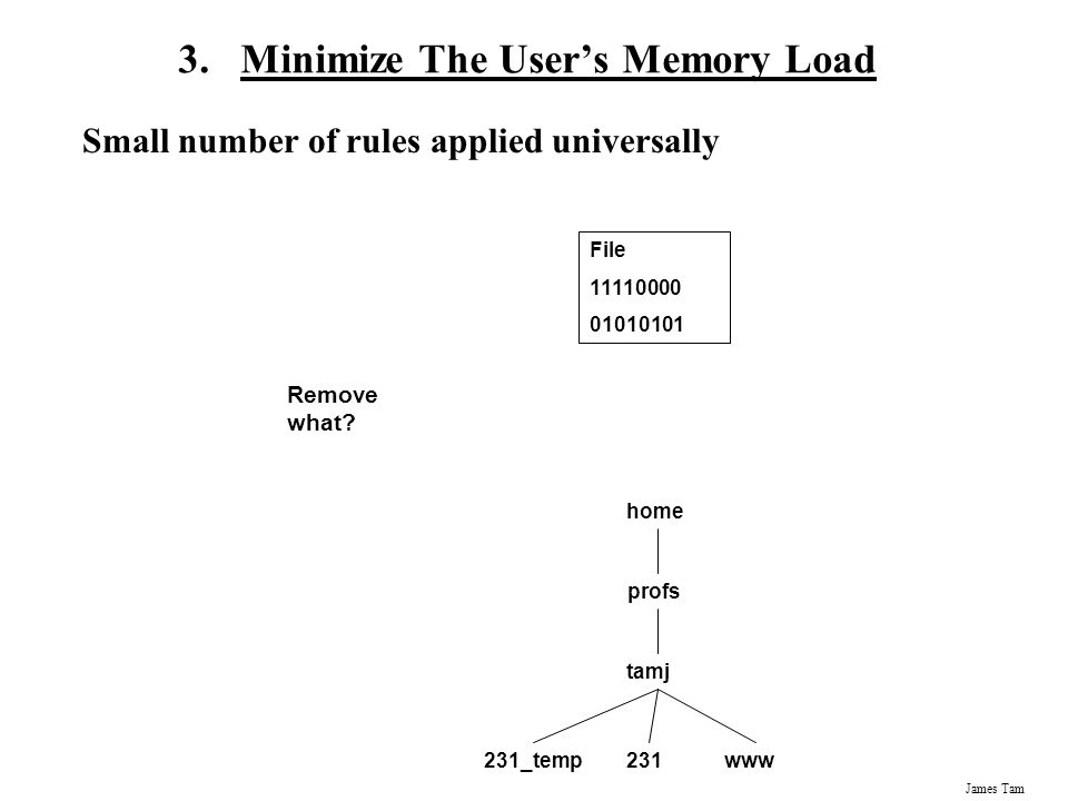 James Tam 3.Minimize The User’s Memory Load Small number of rules applied universally File home profs tamj 231_tempwww231 Remove what