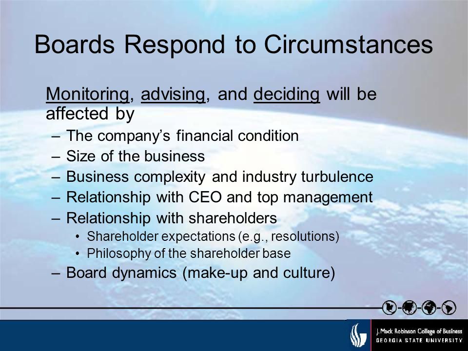 Boards Respond to Circumstances Monitoring, advising, and deciding will be affected by –The company’s financial condition –Size of the business –Business complexity and industry turbulence –Relationship with CEO and top management –Relationship with shareholders Shareholder expectations (e.g., resolutions) Philosophy of the shareholder base –Board dynamics (make-up and culture)