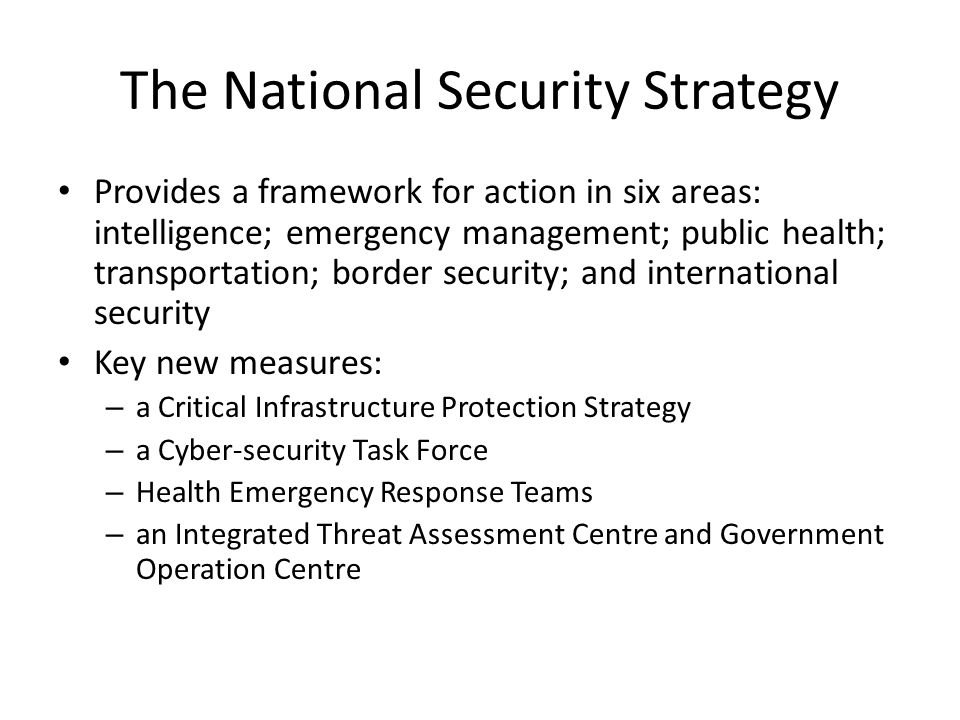 The National Security Strategy Provides a framework for action in six areas: intelligence; emergency management; public health; transportation; border security; and international security Key new measures: – a Critical Infrastructure Protection Strategy – a Cyber-security Task Force – Health Emergency Response Teams – an Integrated Threat Assessment Centre and Government Operation Centre