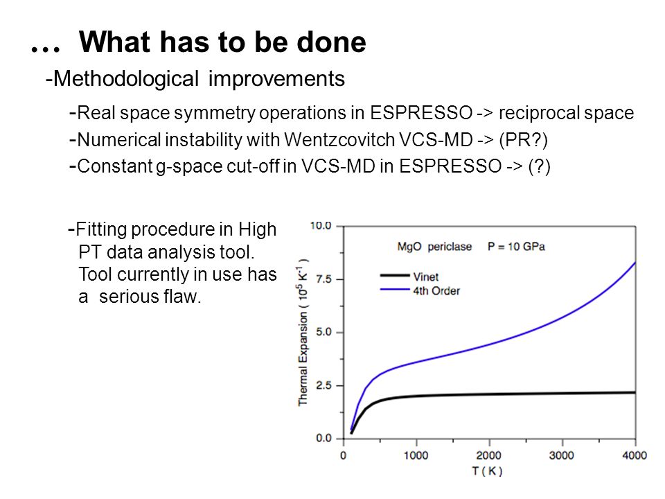 … What has to be done -Methodological improvements - Real space symmetry operations in ESPRESSO -> reciprocal space - Numerical instability with Wentzcovitch VCS-MD -> (PR ) - Constant g-space cut-off in VCS-MD in ESPRESSO -> ( ) - Fitting procedure in High PT data analysis tool.
