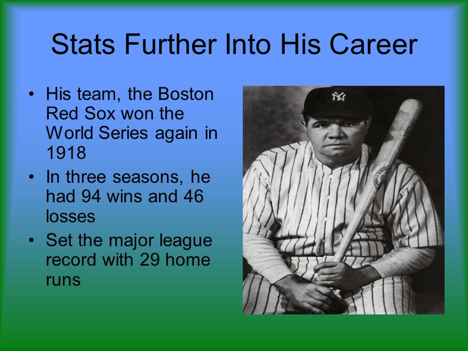 Stats Further Into His Career His team, the Boston Red Sox won the World Series again in 1918 In three seasons, he had 94 wins and 46 losses Set the major league record with 29 home runs