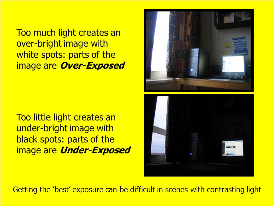 Too much light creates an over-bright image with white spots: parts of the image are Over-Exposed Too little light creates an under-bright image with black spots: parts of the image are Under-Exposed Getting the ‘best’ exposure can be difficult in scenes with contrasting light