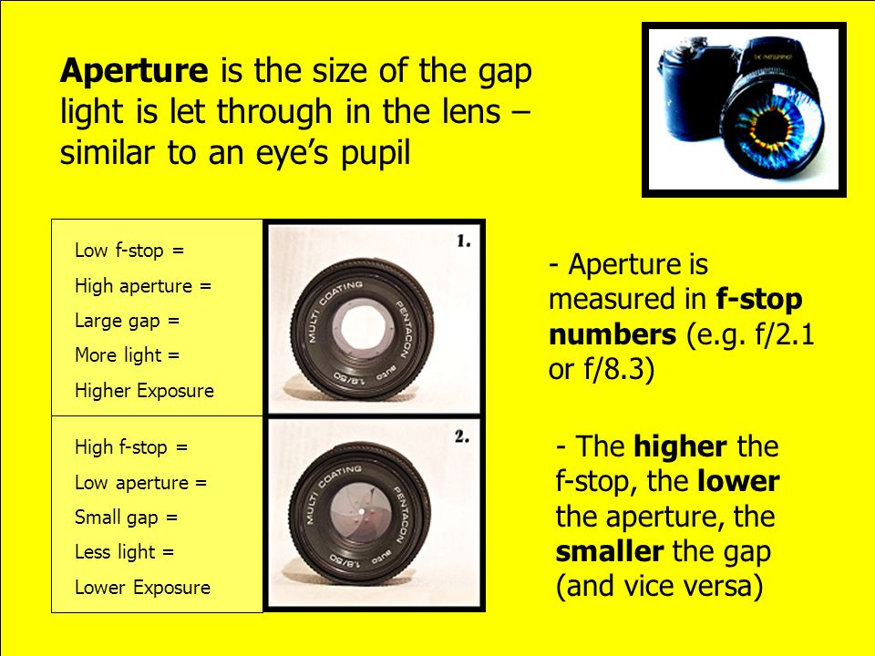 Aperture is the size of the gap light is let through in the lens – similar to an eye’s pupil High f-stop = Low aperture = Small gap = Less light = Lower Exposure Low f-stop = High aperture = Large gap = More light = Higher Exposure - Aperture is measured in f-stop numbers (e.g.