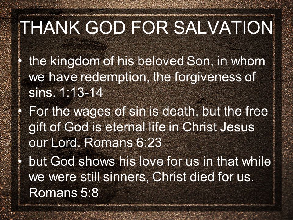 THANK GOD FOR SALVATION the kingdom of his beloved Son, in whom we have redemption, the forgiveness of sins.