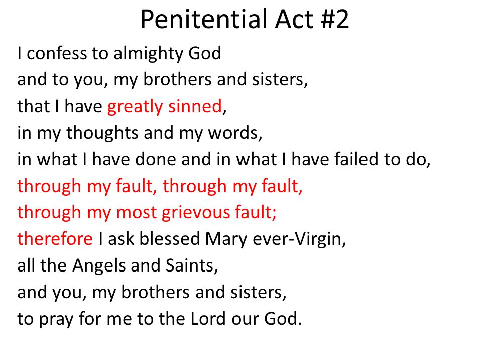 Penitential Act #2 I confess to almighty God and to you, my brothers and sisters, that I have greatly sinned, in my thoughts and my words, in what I have done and in what I have failed to do, through my fault, through my most grievous fault; therefore I ask blessed Mary ever-Virgin, all the Angels and Saints, and you, my brothers and sisters, to pray for me to the Lord our God.