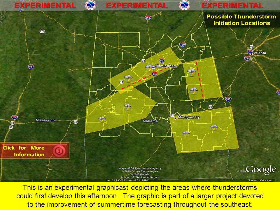 This is an experimental graphicast depicting the areas where thunderstorms could first develop this afternoon.