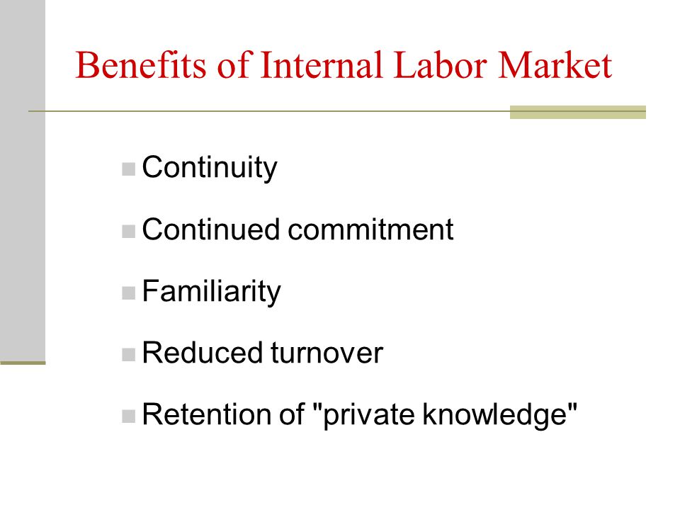 Benefits of Internal Labor Market Continuity Continued commitment Familiarity Reduced turnover Retention of private knowledge
