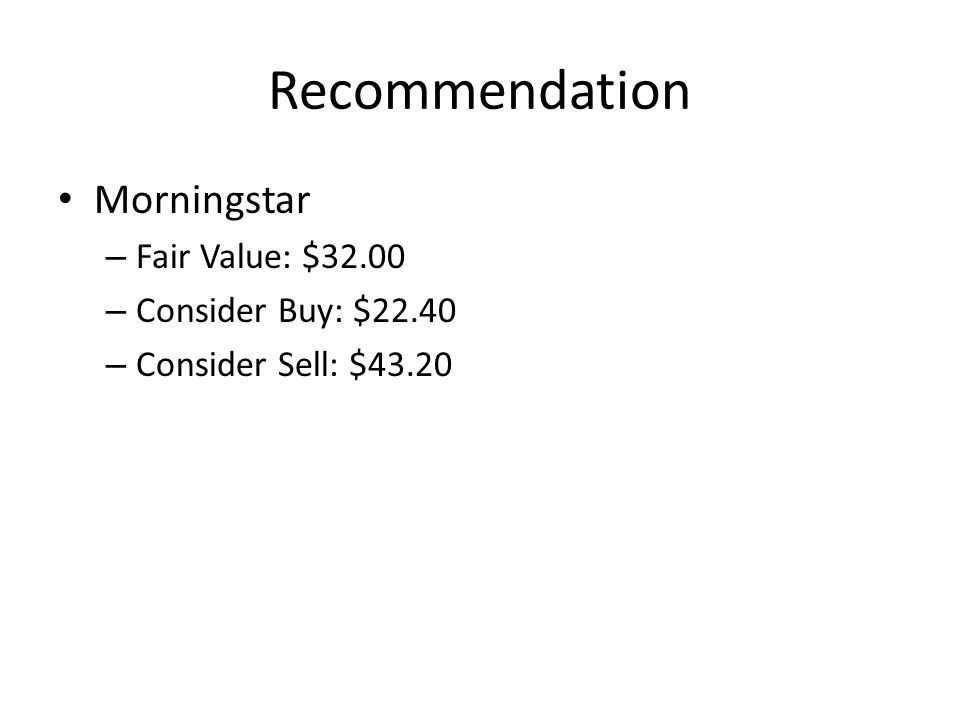 Recommendation Morningstar – Fair Value: $32.00 – Consider Buy: $22.40 – Consider Sell: $43.20