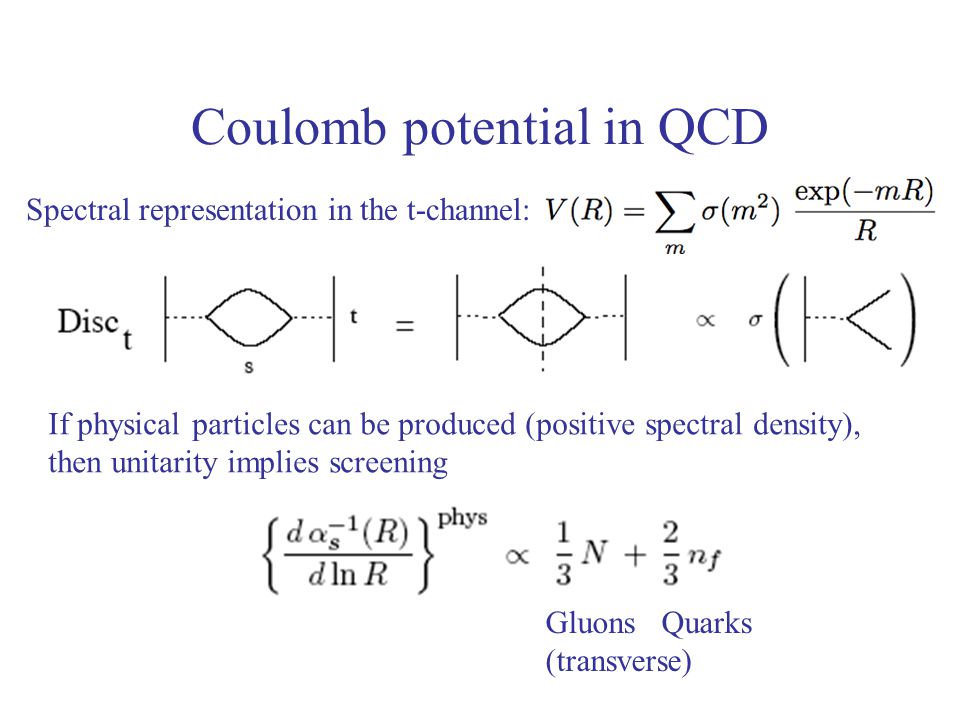 Coulomb potential in QCD Spectral representation in the t-channel: If physical particles can be produced (positive spectral density), then unitarity implies screening Gluons Quarks (transverse)