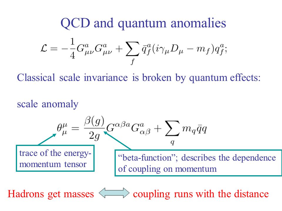 QCD and quantum anomalies trace of the energy- momentum tensor Classical scale invariance is broken by quantum effects: scale anomaly Hadrons get masses coupling runs with the distance beta-function ; describes the dependence of coupling on momentum