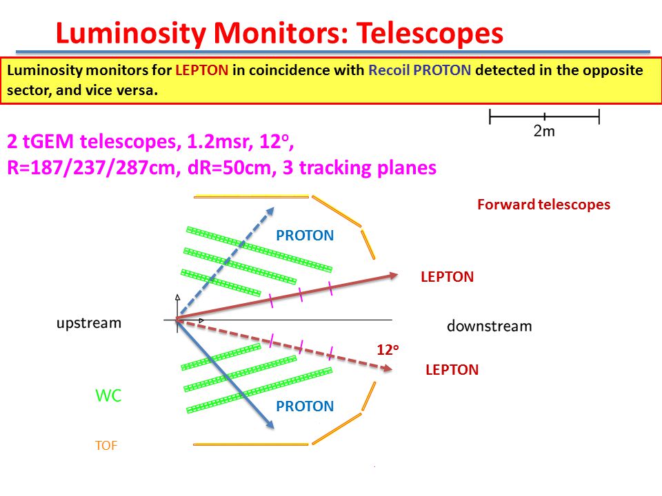 Luminosity Monitors: Telescopes Forward telescopes 12 o 2 tGEM telescopes, 1.2msr, 12 o, R=187/237/287cm, dR=50cm, 3 tracking planes TOF Luminosity monitors for LEPTON in coincidence with Recoil PROTON detected in the opposite sector, and vice versa.