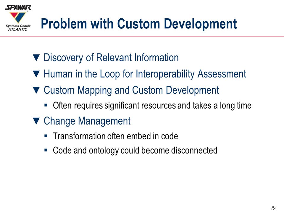 29 Problem with Custom Development ▼ Discovery of Relevant Information ▼ Human in the Loop for Interoperability Assessment ▼ Custom Mapping and Custom Development  Often requires significant resources and takes a long time ▼ Change Management  Transformation often embed in code  Code and ontology could become disconnected