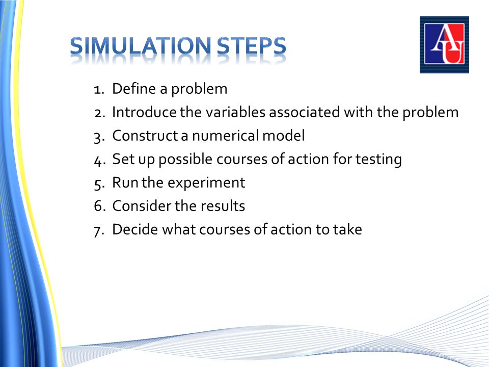 1.Define a problem 2.Introduce the variables associated with the problem 3.Construct a numerical model 4.Set up possible courses of action for testing 5.Run the experiment 6.Consider the results 7.Decide what courses of action to take