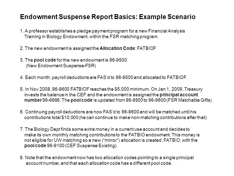 Endowment Suspense Report Basics: Example Scenario 1.