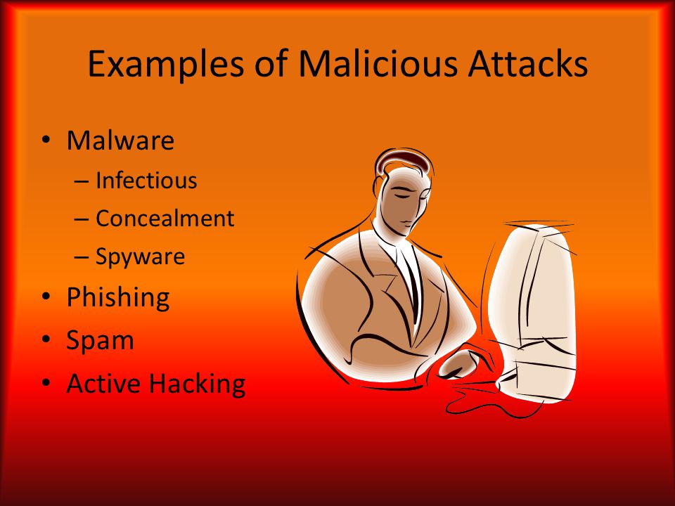 Examples of Malicious Attacks Malware – Infectious – Concealment – Spyware Phishing Spam Active Hacking