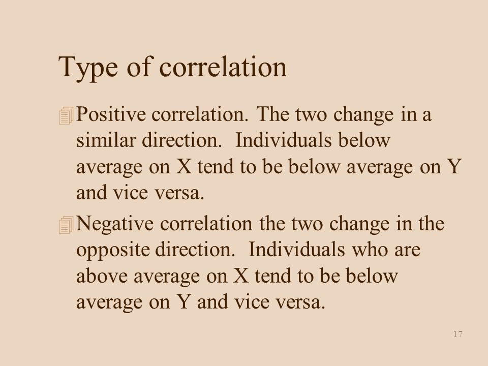 17 Type of correlation 4 Positive correlation. The two change in a similar direction.