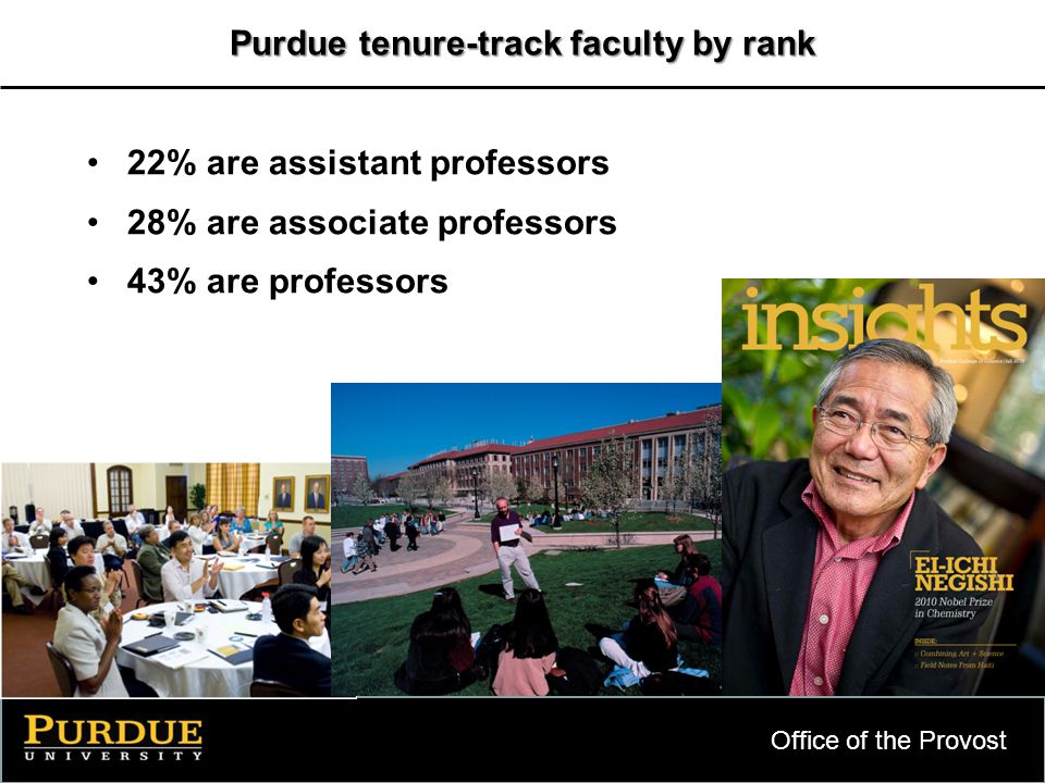 Office of the Provost 22% are assistant professors 28% are associate professors 43% are professors Purdue tenure-track faculty by rank