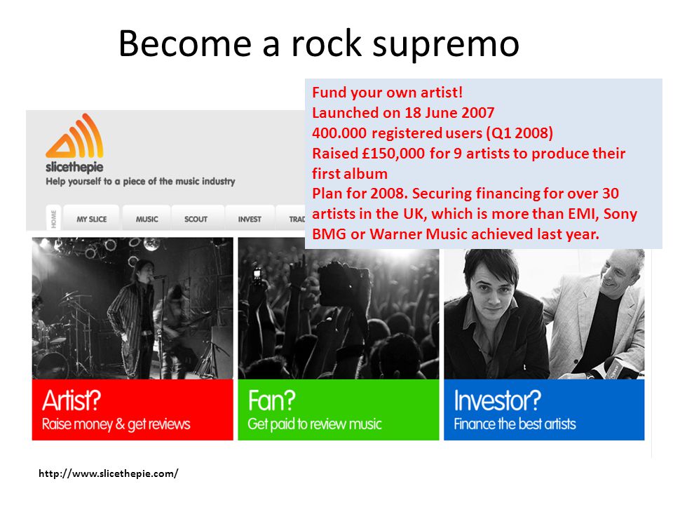 Become a rock supremo Fund your own artist.