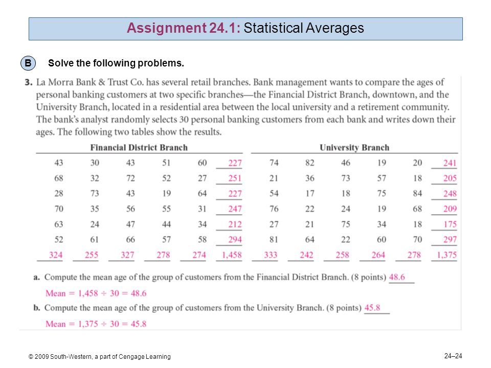24–24 © 2009 South-Western, a part of Cengage Learning Assignment 24.1: Statistical Averages B Solve the following problems.